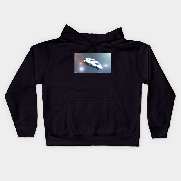 A Spaceship flying in the deep space. Kids Hoodie by Ryan Rad